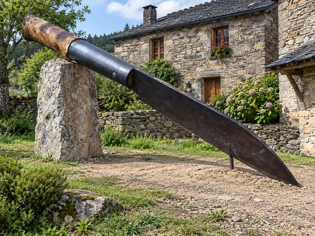 Monumento a una navaja gigante junto a una casa de piedra con galería