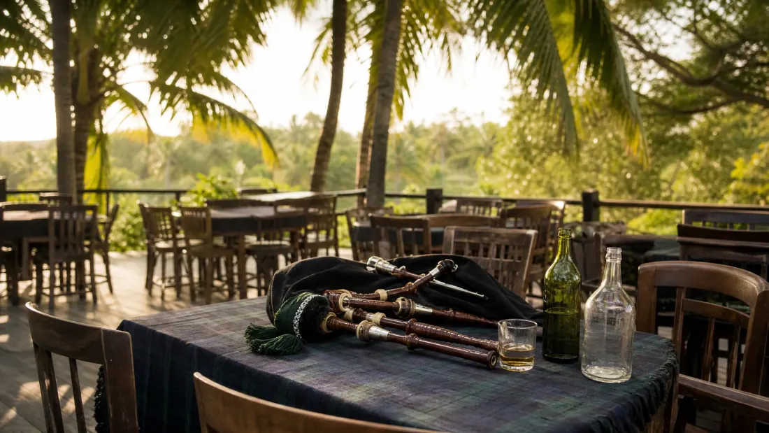 Terraza junto a un río con instrumentos musicales tradicionales sobre una mesa