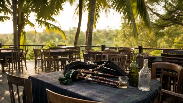 Terraza junto a un río con instrumentos musicales tradicionales sobre una mesa