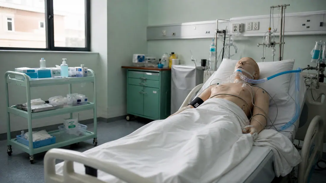 Una persona mayor tumbada en una cama de hospital con equipamiento médico