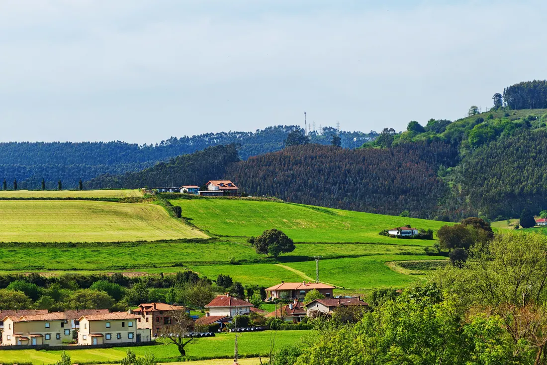 Paisaje rural verde con casas dispersas entre colinas