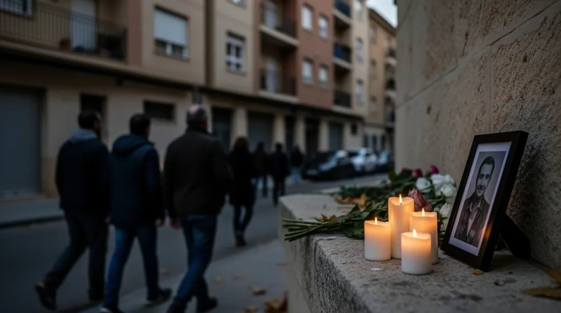 Ofrenda floral con velas y fotografía en una calle de un barrio urbano