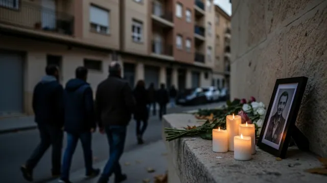 Ofrenda floral con velas y fotografía en una calle de un barrio urbano