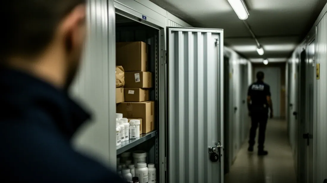 Una persona observa el interior de un módulo de almacenamiento con cajas y productos