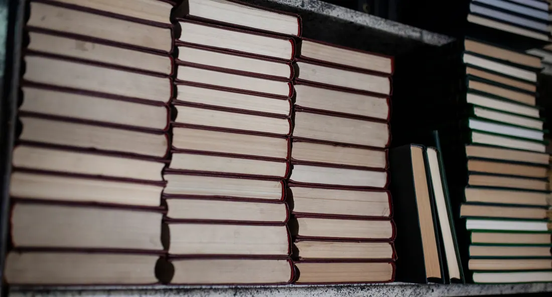 Pilas de libros apiladas en una estantería