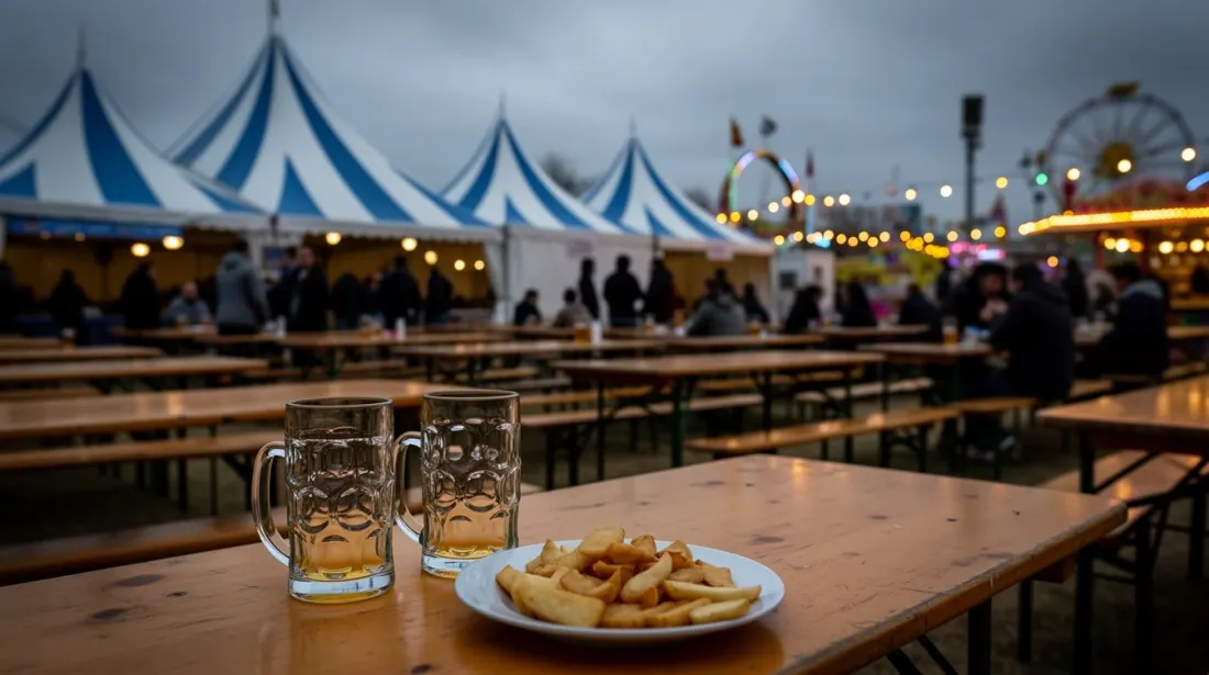 Dos vasos y una ración de patatas fritas en una mesa de feria con carpas azules