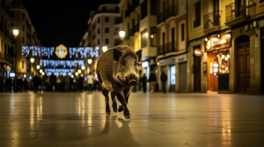 Un jabalí camina por una calle peatonal nocturna iluminada de una ciudad
