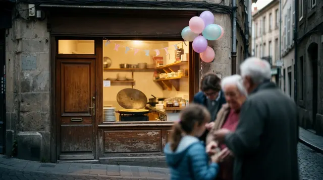 Un grupo de personas observa un escaparate de tienda con globos decorativos colgando