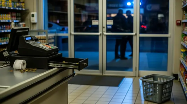 Caja registradora en mostrador de tienda con clientes visibles tras cristales