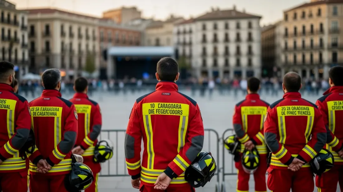 Grupo de bomberos de espaldas en una plaza urbana ante una multitud