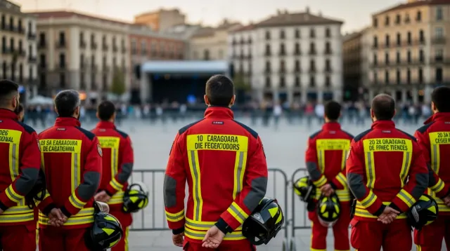 Grupo de bomberos de espaldas en una plaza urbana ante una multitud