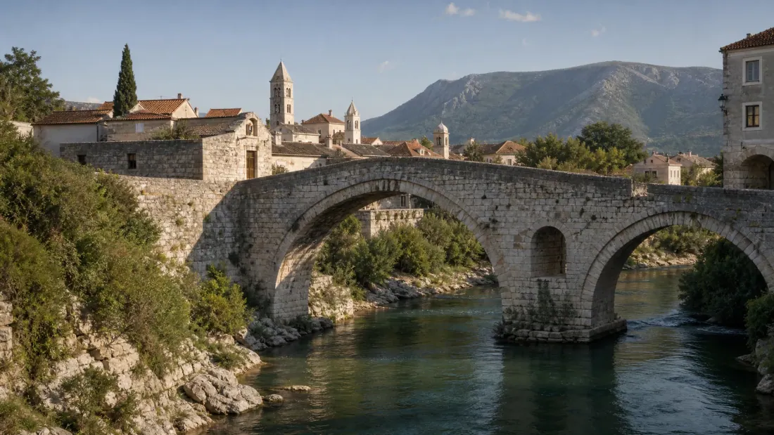 Puente medieval de piedra sobre un río con pueblo amurallado y montaña al fondo