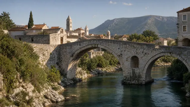 Puente medieval de piedra sobre un río con pueblo amurallado y montaña al fondo