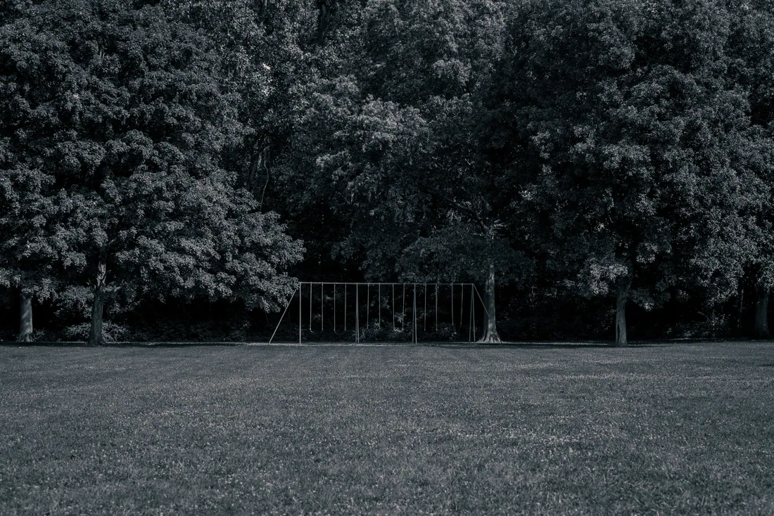 Un columpio vacío junto a un campo rodeado de árboles