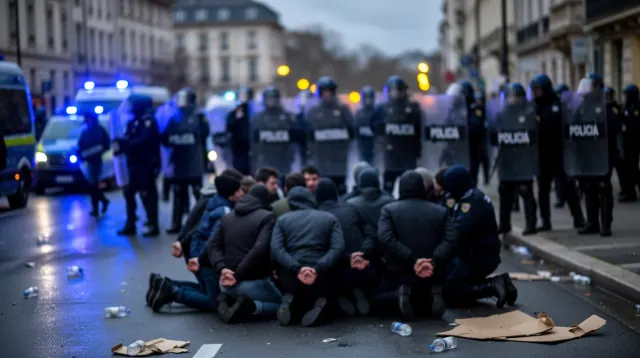 Un grupo de personas arrodilladas en la calle frente a una línea de agentes
