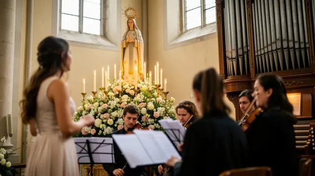 Personas cantando durante una ceremonia religiosa frente a una estatua iluminada