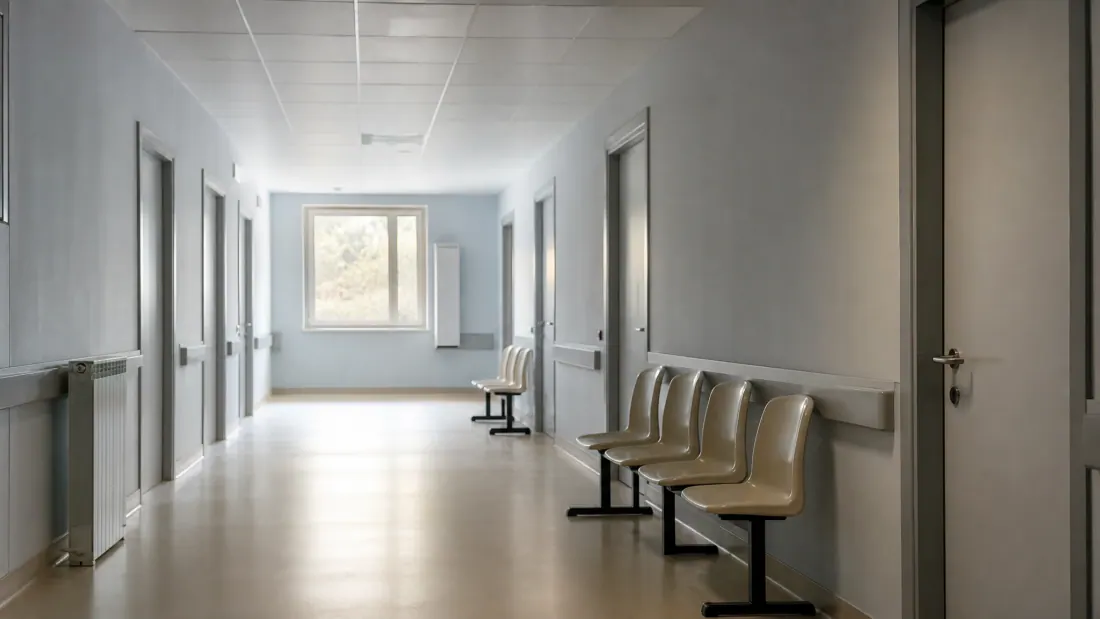 Pasillo de clínica o consultorio con puertas y bancos de espera