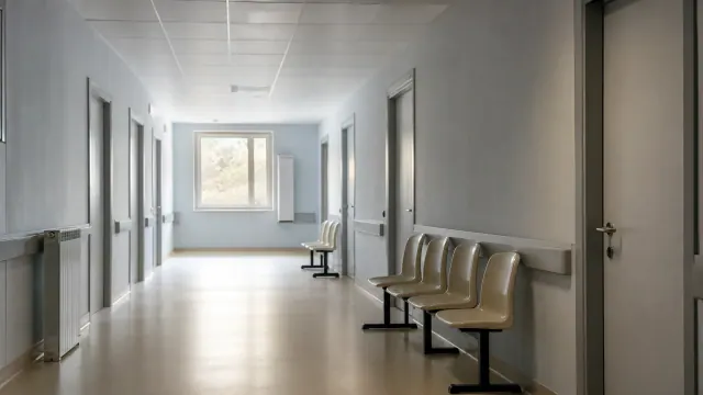 Pasillo de clínica o consultorio con puertas y bancos de espera