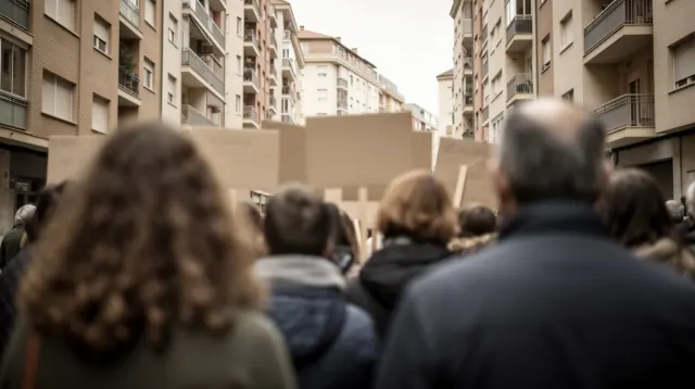 Grupo de personas en una manifestación entre edificios de viviendas urbanos