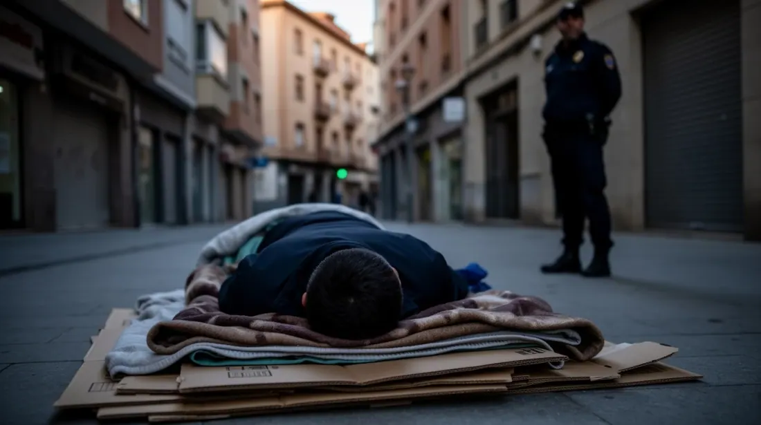 Persona sin hogar durmiendo en la calle junto a un agente de policía