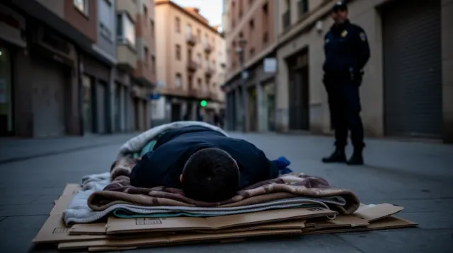 Persona sin hogar durmiendo en la calle junto a un agente de policía