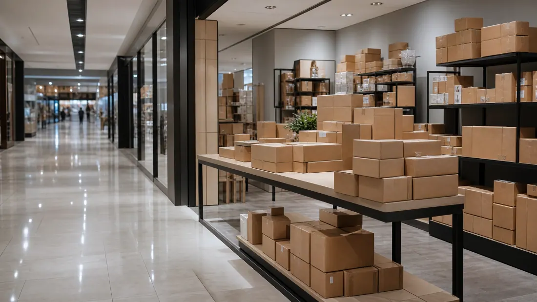 Tienda de logística con cajas de cartón en estantería y mostrador dentro de centro