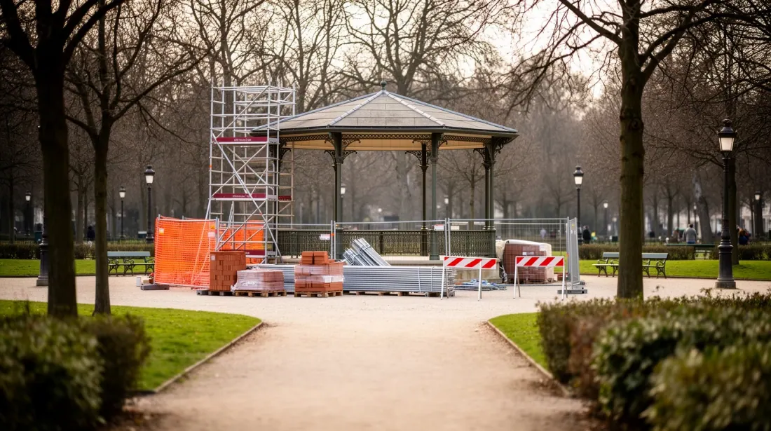 Obras de rehabilitación en la estructura de un quiosco en un parque arbolado