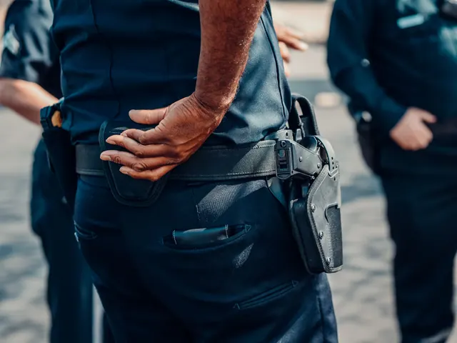 Agentes de policía uniformados con arma reglamentaria en el cinturón