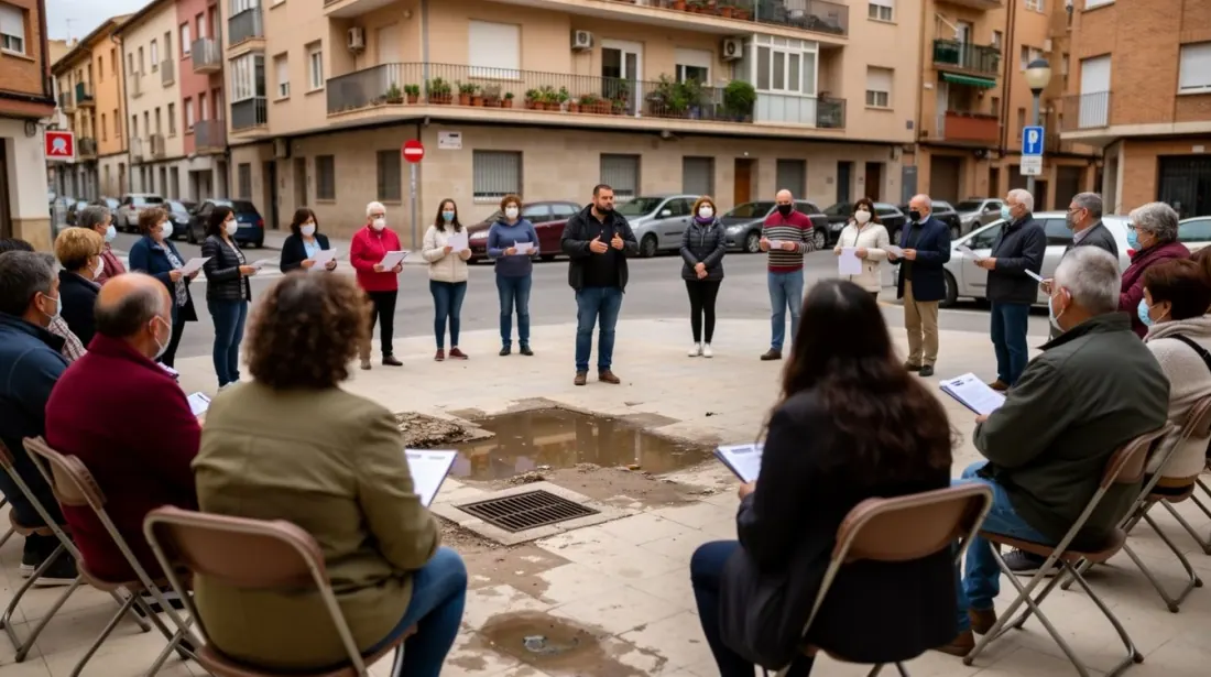 Un grupo de personas reunidas en una plaza rodeada de edificios de viviendas