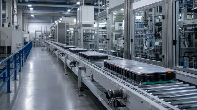 Línea de producción automatizada de baterías en una fábrica industrial