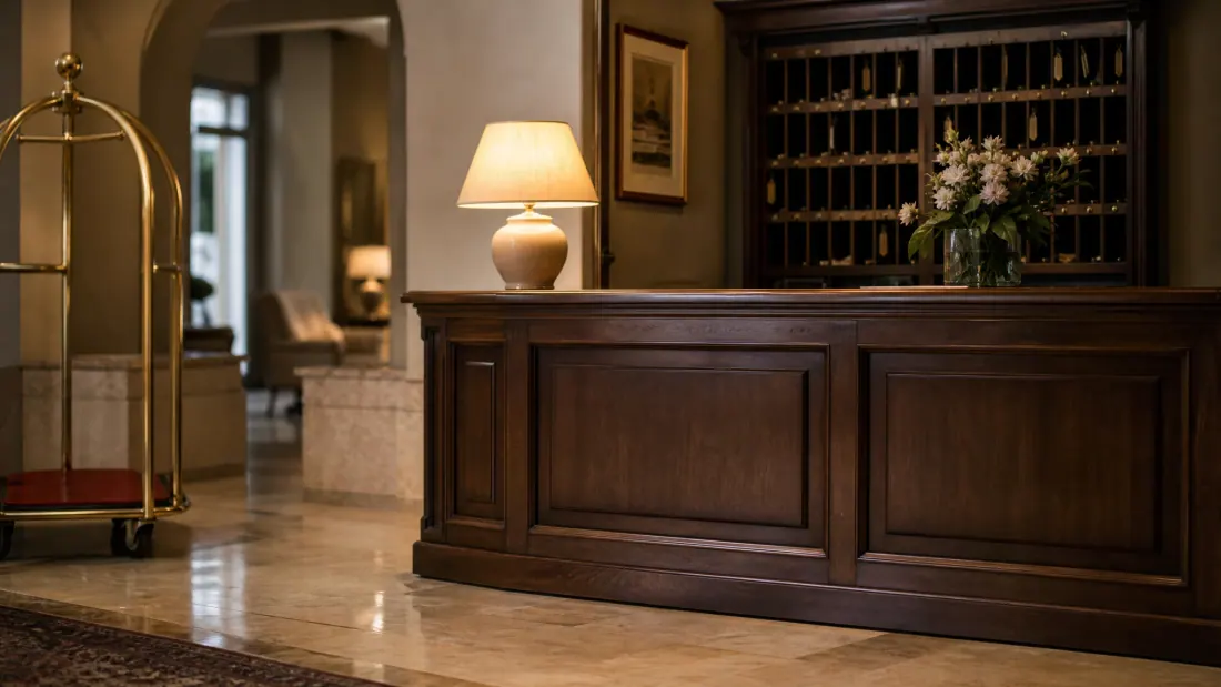 Recepción de hotel con mostrador de madera, lámpara y flores frescas