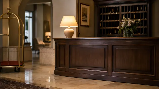 Recepción de hotel con mostrador de madera, lámpara y flores frescas