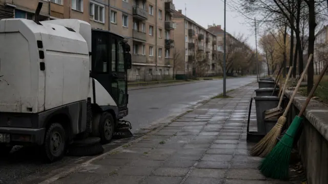 Vehículo de limpieza viaria en una calle de edificios residenciales