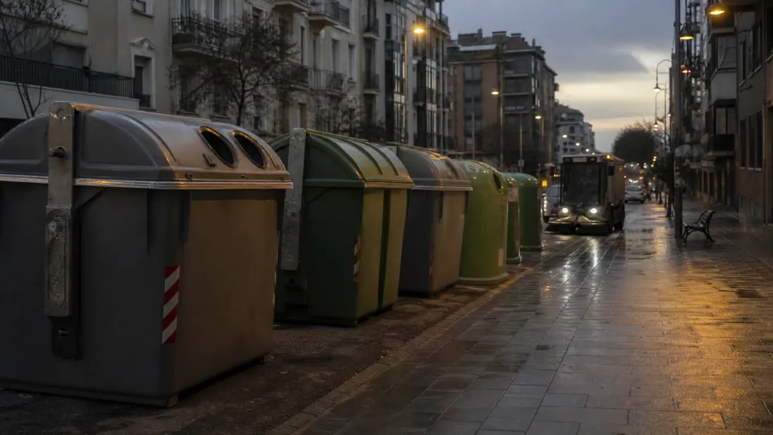 Contenedores de basura alineados en una acera de ciudad al anochecer