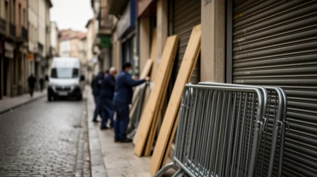 Tableros de madera y vallas metálicas apoyados en la persiana metálica de una tienda