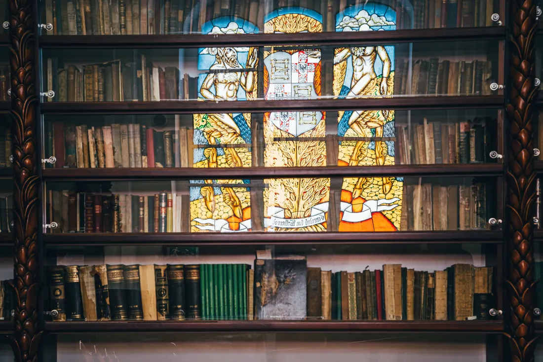 Vitral con escudo heráldico reflejado en una estantería de libros antiguos