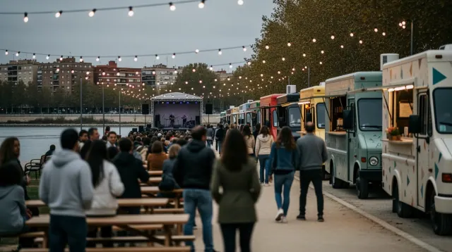 Evento al aire libre junto a un río con asistentes, escenario y food trucks