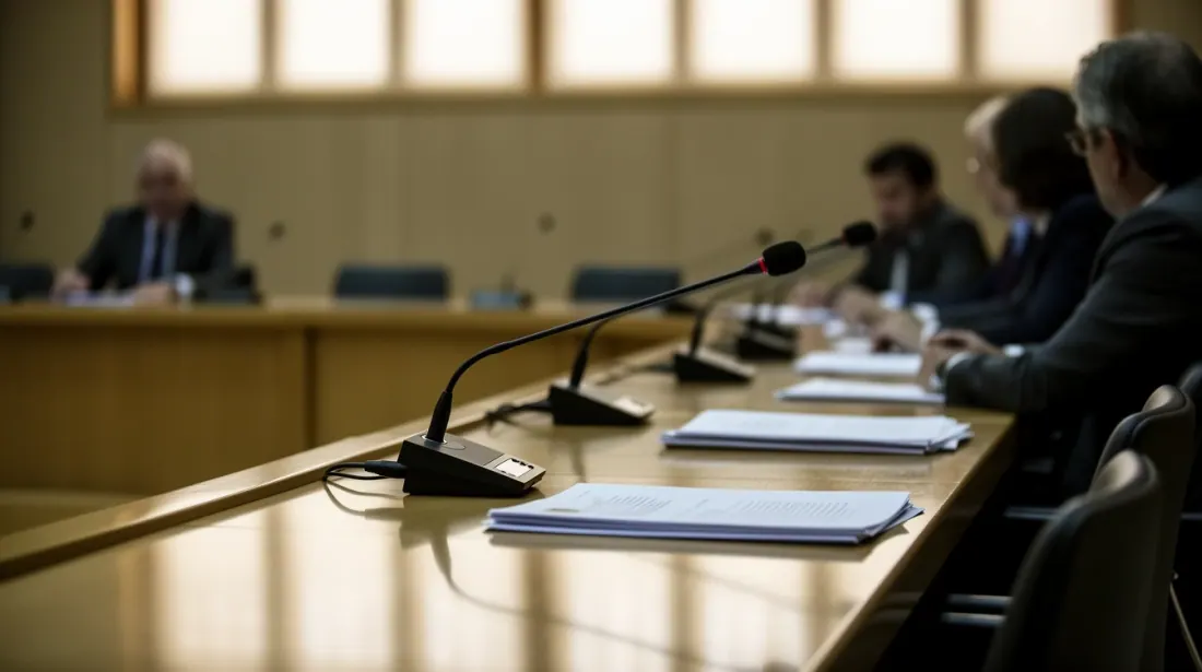 Micrófono sobre una mesa de reunión en una sala de sesiones con varias personas