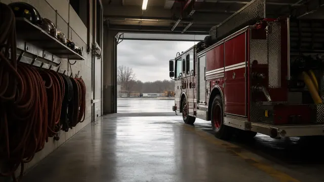 Camión de bomberos rojo en el interior de una estación de emergencias
