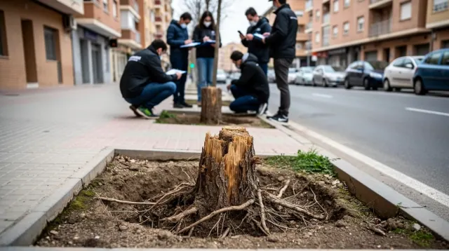 Grupo de personas examina tocones de árbol talado en una acera urbana