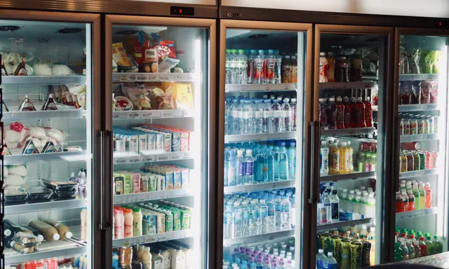 Varias neveras de supermercado llenas de bebidas y alimentos