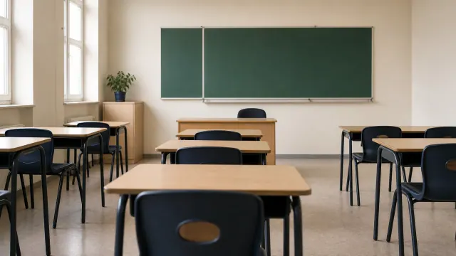 Aula vacía con pupitres, sillas negras y pizarra verde en la pared