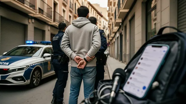 Agentes policiales custodian a una persona esposada en una calle urbana