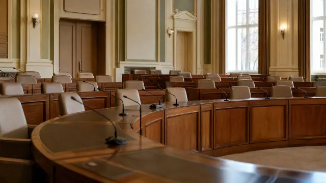 Hemiciclo de una sala de sesiones con bancadas de madera y escaños vacíos
