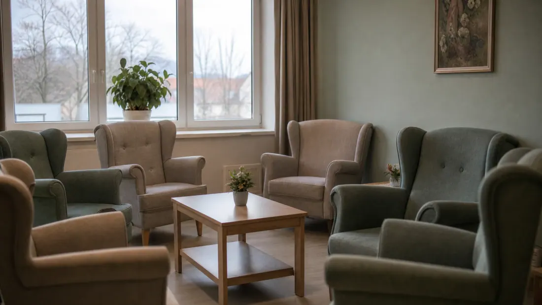 Salón con varios sillones alados alrededor de una mesa baja de madera junto