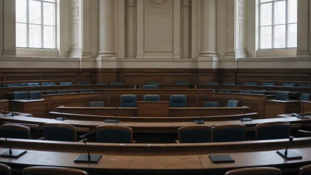 Hemiciclo de un tribunal o parlamento con bancos de madera y sillas vacías frente