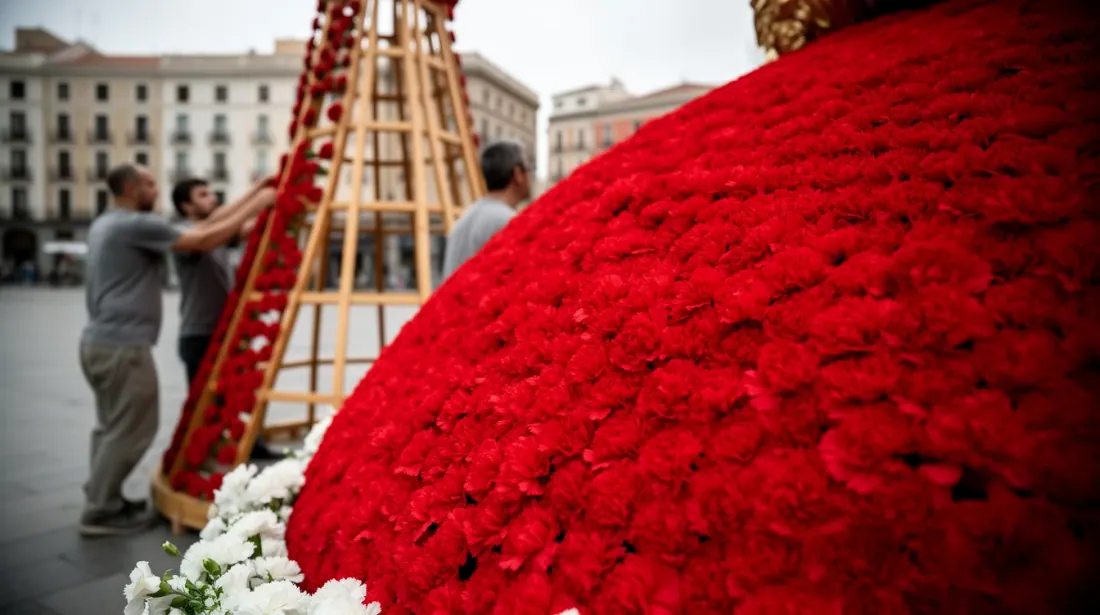 Instalación floral con estructura de flores rojas y blancas en una plaza urbana