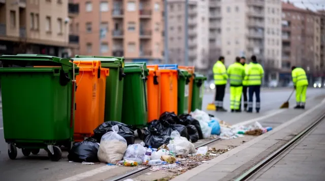 Contenedores de basura y bolsas de residuos en una calle urbana con operarios