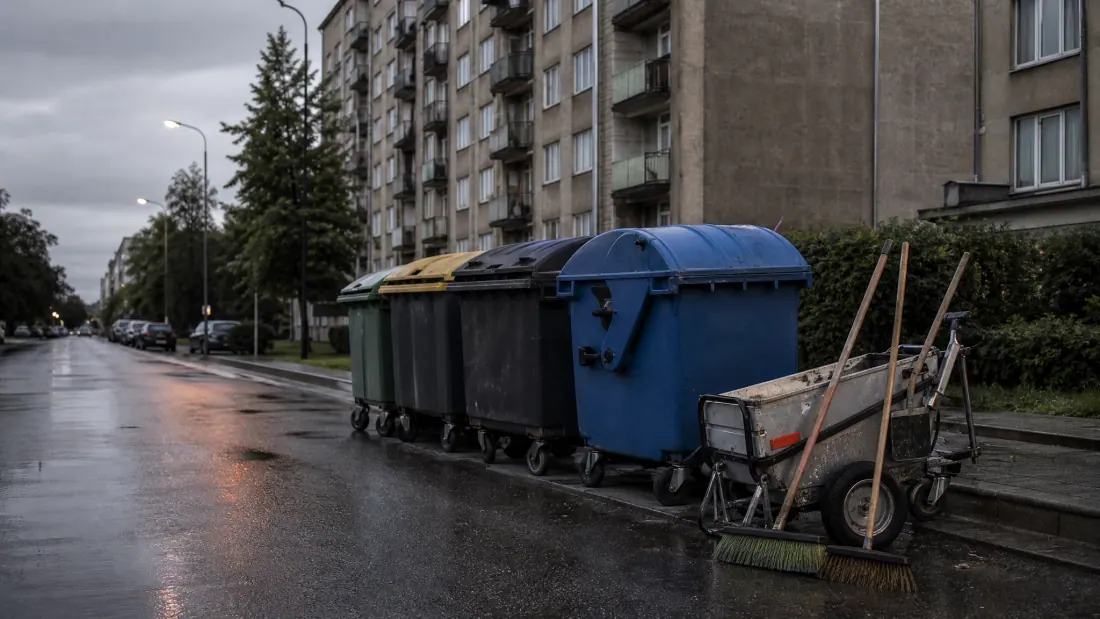Contenedores de basura en una calle mojada frente a bloques de viviendas