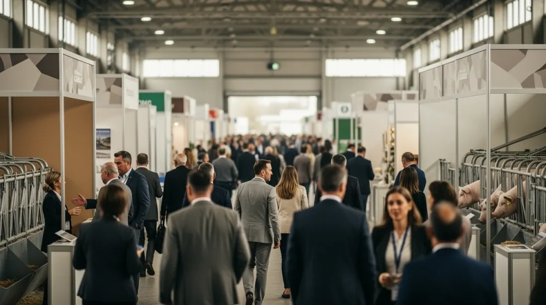 Grupo de personas visitando stands en una feria o evento comercial en un recinto